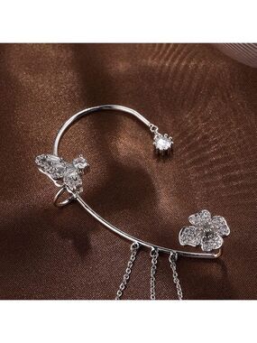 New Crystal & Silver Butterfly and Tassel Ear Cuff with Floral Design